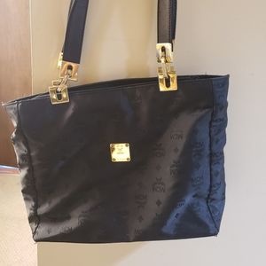 MCM Large Black Nylon Tote with gold hardware.